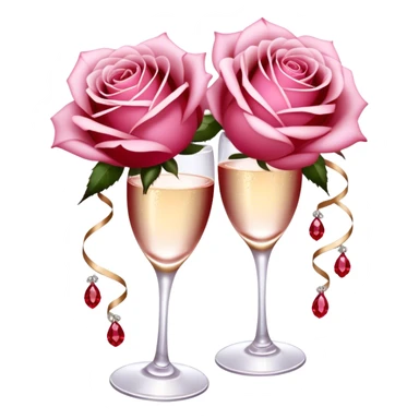 Soft pink champagne roses intertwine with glistening rubies, blending elegance with warmth. The delicate petals and deep red gems create a luxurious, romantic scene. sticker