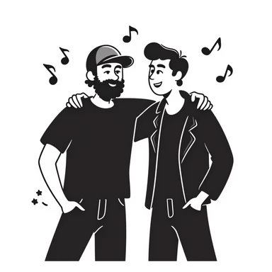 Two male musicians side by side with one arm over the other's shoulder: a 35-year-old with stylized beard, backwards cap, rocker style, and a younger 25-year-old musician, both smiling. Music notes and stars around them. Other band members celebrating in the background. sticker