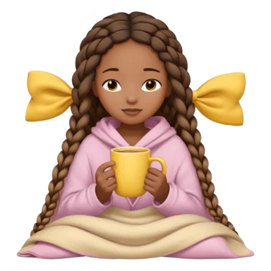black girl with long braids, eyes closed, light beige blanket, light bow in hair, holding a yellow mug, cute cozy emoji style sticker