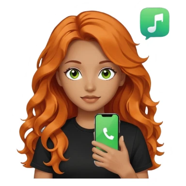 Girl with dark long orange wavy hair, green eyes, and black t-shirt and phone with tiktok app on hand sticker