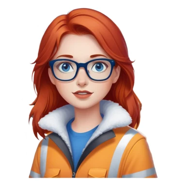 lady with shoulder length red hair, blue eyes and glasses inside a big Snowplow and show the snowplow sticker