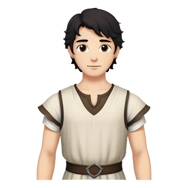 medieval summer outfit worn by a DnD themed fantasy male character. thin, sleeveless cotton tunic with a deep neckline and reinforced stitching around the shoulders. clothes only above the waist. The clothes full waist. The character's haven't arms. character is white-skinned, black hair, brown eyes, short wavy hair. sticker