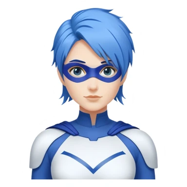 24x24 emoji close-up of a friendly woman with blue hair, wearing a minimalist blue and white superhero suit. The suit has a large blank area on the chest for a logo, uses only blue and white colors, and includes minimal details. No accessories on the face, no mask. sticker