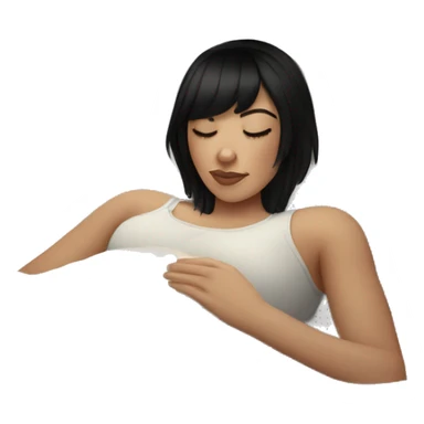 Woman pale skin black hair with bangs sleeping in bed with pillow, white woman sticker