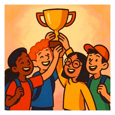 four diverse students in a warm atmosphere lifting a trophy together, expressive illustration style, soft background, happy faces, warm colors sticker