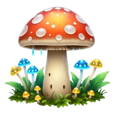 A glowing mushroom with fire flys flying around it  sticker