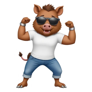 friendly anthropomorphised boar in jeans and a t-shirt, wearing dark sunglasses, stretching pose sticker