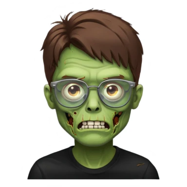Green zombie, brown hair, black glasses, black shirt. iOS style. sticker