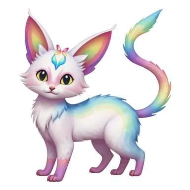 Jumping-Pure-snow-White albino iridescent with pastel rainbow-gradients-color-markings with swirly patterns butterflies  faerie-Noivern-Noibat-Purloin-Torracat-Lykoi-Caracal-cat-Fakemon-fusion-hybrid-creature- sticker