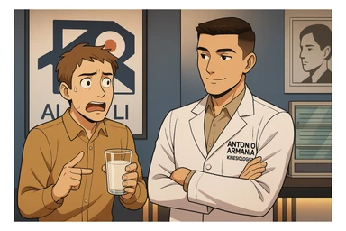 fai un webtoon manga a colori con questo stile, in cui un uomo chiede al kinesiologo con il camice bianco (fagli anche la scritta "ANTONIO ANANIA" SUL CAMICE, una domanda e il kinesiologo gli risponde, L'UOMO INDICA IL BICCHIERE DI LATTE CHE HA IN MANO ED è MOLTO ALLARMATO NEL FARE LA DOMANDA. non fare i fumetti però, fai solo in modo che sembri stiano parlando sticker