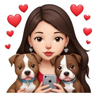 Young girl was long, dark brown hair sits with her dog who is a pretty girl pitbull with her cell phone in her hand in a small septum ring in her nose was hearts flying all around her sticker
