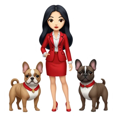 latin woman in fancy clothes with long black hair standing alongside two French bulldogs  sticker