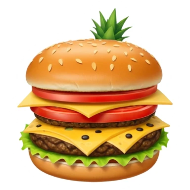 Generar hamburguesa con una sola carne, de pan color café con semillas hemp encima del pan, con carne, tomate, lechuga, queso, piña dentro de ella sticker