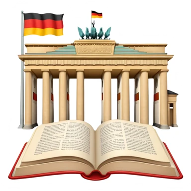 An icon featuring the Brandenburg Gate and the big flag of Germany, symbolizing the German language. The design includes an open book with German text representing language learning and German culture. Transparent background highlights the essence of German heritage. sticker