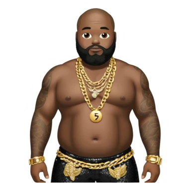 Rick Ross with black sequin baggy pants, shirtless with necklace sticker