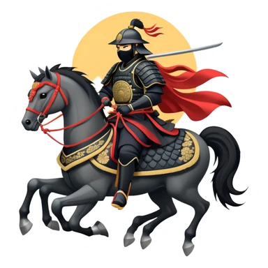 clash-of-clans-aesthetic_-cinematic-fearsome-and-majestic-samurai-bust-portrait-emoji, rendered in a flat, vector-style with minimal shading and bold, simplified shapes typical of emoji art, depicting a battle-hardened samurai with black mask and traditional black Japanese armor. The samurai is riding a noble grey warhorse adorned with an intricately designed saddle and fluttering banners and a rising sun. a samurai riding on a  horse sticker