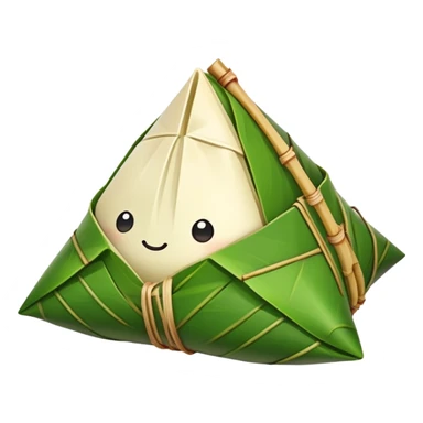 Dragon Boat Festival rice dumplings Zongzi wrapped in bamboo leaves, simplified emoji style with bold outlines and bright colors, cartoon style traditional pyramid-shaped food sticker