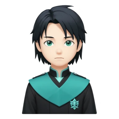 Tokito Muichiro emoji style — calm boy with long black hair fading mint green, turquoise eyes, pale skin, dreamy face, wearing dark Demon Slayer uniform, black + teal tone, anime cute clean style. sticker