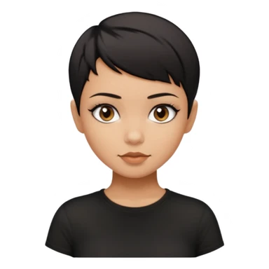 A girl with black short pixie haircut cut, dark brown eyes that almost look like black, caramel tone skin colour. Wearing a black t-shirt.  sticker