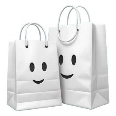 A 3D emoji of two white paper shopping bags, one large and one small, standing next to each other. Soft studio lighting, smooth 3D rendering, claymorphism style, minimalist design, cute, high resolution, isolated on a white background. sticker