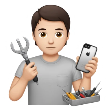 make a white guy with dark brown hair, with a simple white o grey shirt, repairing an iphone, un tecnico sticker