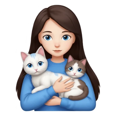 a girl with long dark 
brown hair, with blue eyes, in a
white sweater, hugs 3 different natural coloured cats sticker