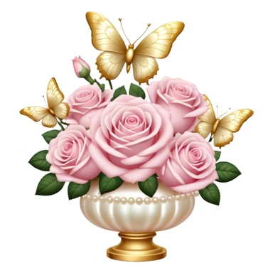 Realistic aesthetic bouquet of light pink roses in a pearl vase and a ivory bow with gold decoration and a butterfly with gold and beige wings sticker
