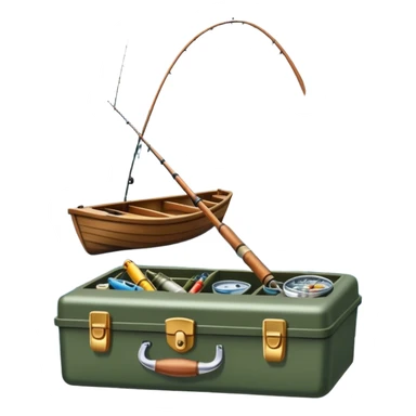 Icon for Fishing: a boat on the shore of a peaceful water body with a beautiful natural landscape, a fishing tackle box, a spinning rod. The icon should capture the tranquility and gear of a fishing adventure. Without frame. Transparent background. sticker