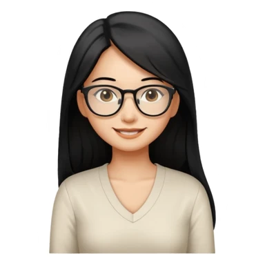 medium tan asian woman with long black hair past middle of back, round brown eyes, white v neck blouse. she has black thick frame rectangular glasses on and smilling sticker