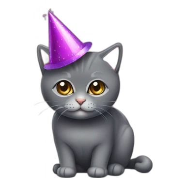 Dark Grey British short hair cat wearing a party hat sticker