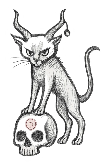 Adjust the cat so its front legs are extended, as if standing on the skull, keep the realistic hand drawn style with dynamic outlines, no fill, preserve the charm on the horn, the red spiral on the skull, and transparent background. sticker