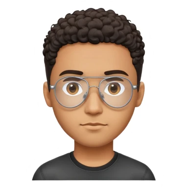 Young brown-skinned Latino man with oval face and large forehead, metal-framed aviator glasses with clear lenses, high skin fade haircut with very short dark curls only on top, calm friendly expression, black t-shirt sticker