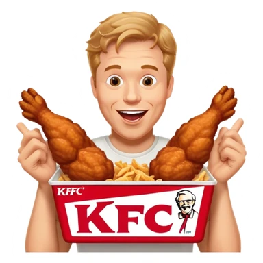 "Create an emoji of a white man holding KFC chicken wings with a happy and excited expression. Make sure to add the text 'KFC ABSOLUTE CINEMA ✋😮🤚' in large, bold letters, covering the entire screen and standing out clearly. This text must be included. Use a vibrant and expressive style." sticker