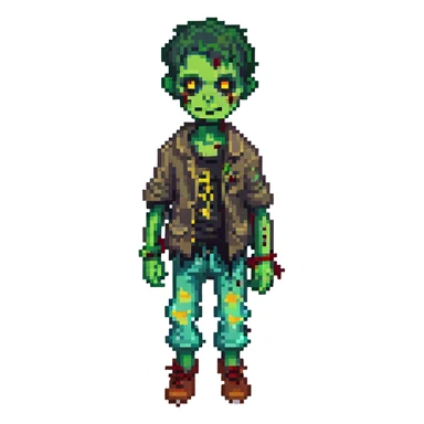 zombie boy, pixel art, retro game style, green skin, tattered clothes sticker