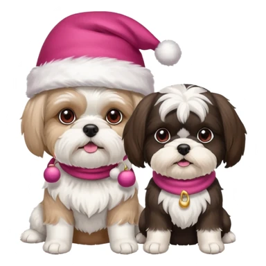 two dogs one little white all over shih tzu dog with pink santa hat and one mostly white with black havanese dog wearing a red santa hat sticker