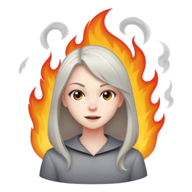girl with a mischievous smirk standing in the foreground, while small flames or smoke rise in the background. The character has straight hair and a confident expression. sticker