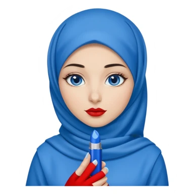 Turkish beautiful finish Konya girl blue eyes with blue hijab islamic dress and had on her hand blue ysl lipstick and hold it sticker