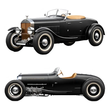 Batgirl’s black Bare bones modified (fenders removed) chopped streamlined sporty roadster (stripped down) hot street rodded engine sports car 1932 Rolls Royce Woody futuristic  wide racing wheels that are held strong by advanced suspension and steering sticker
