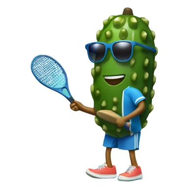 pickle holding a paddle ball racket, blue backgound, wearing sunglasses sticker