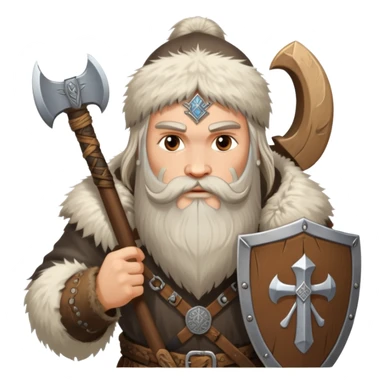Russian pagan warrior with fur clothing, axe, shield with Slavic symbols, long beard sticker