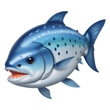 whole raw salmon, long streamlined body, shiny silver-blue skin speckled with dark spots along top and sides, pale slightly iridescent belly, fins and tail intact, mouth slightly open, visible eye, no board or garnish, soft lighting, subtle shadows, emoji scale sticker