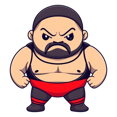 Close-up of extremely fat white skin guy with young face, beard and mustache, no muscle with prominent black durag, black eyes in a red and black wrestling singlet with angry face sticker