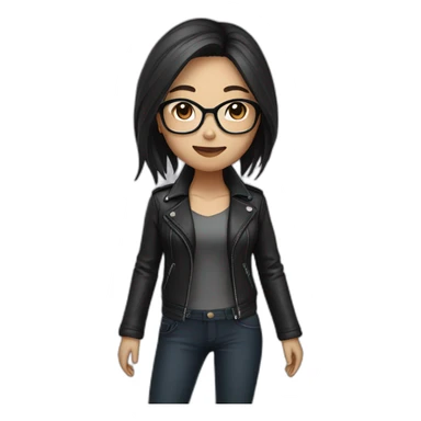 Asian girl in glasses and leather jacket whith dark long hair sticker