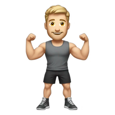 Full height Actively gesturing with hands Pale skinned Fit Man With the biceps, Bristle and light brown hair in dark gray Sleeveless Mike, black oversize sports shorts and white Sneakers sticker