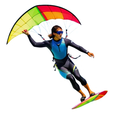 A vibrant kite soaring high in the sky, attached to a kiteboarder riding the waves below. The scene is filled with bright colors, capturing the energy of the sport. The background features the ocean, wind-blown waves, and a clear sky, showcasing the excitement and freedom of kiting. sticker
