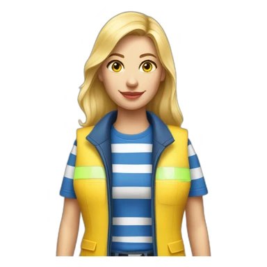Ikea coworker blond woman blue stripes t-shirt and yellow security vest with trolley scan sticker