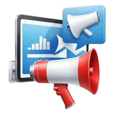An icon featuring a megaphone, a billboard, and social media icons, symbolizing advertising and public relations. The design includes a press release and a rising graph, representing brand promotion and communication strategies. Transparent background highlights media influence and outreach. sticker
