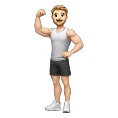 Full height Actively gesturing with hands Pale skinned Fit Man With the biceps and brown hair in dark gray Sleeveless Mike, black oversize sports shorts, watch and white Sneakers sticker