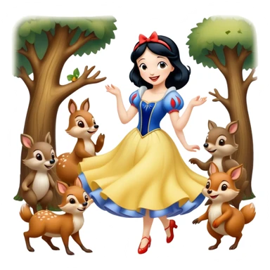 Cinematic Playful Snow White Portrait Emoji, Laughing while dancing with woodland animals, dress twirling gracefully, a whimsical sparkle in her eye, radiating charm and pure delight! sticker