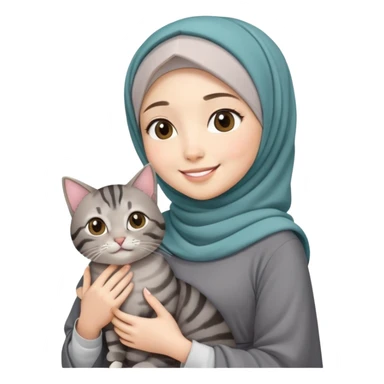 Asian white girl wearing hijab with dress holding a black grey tabby cat while smiling sticker